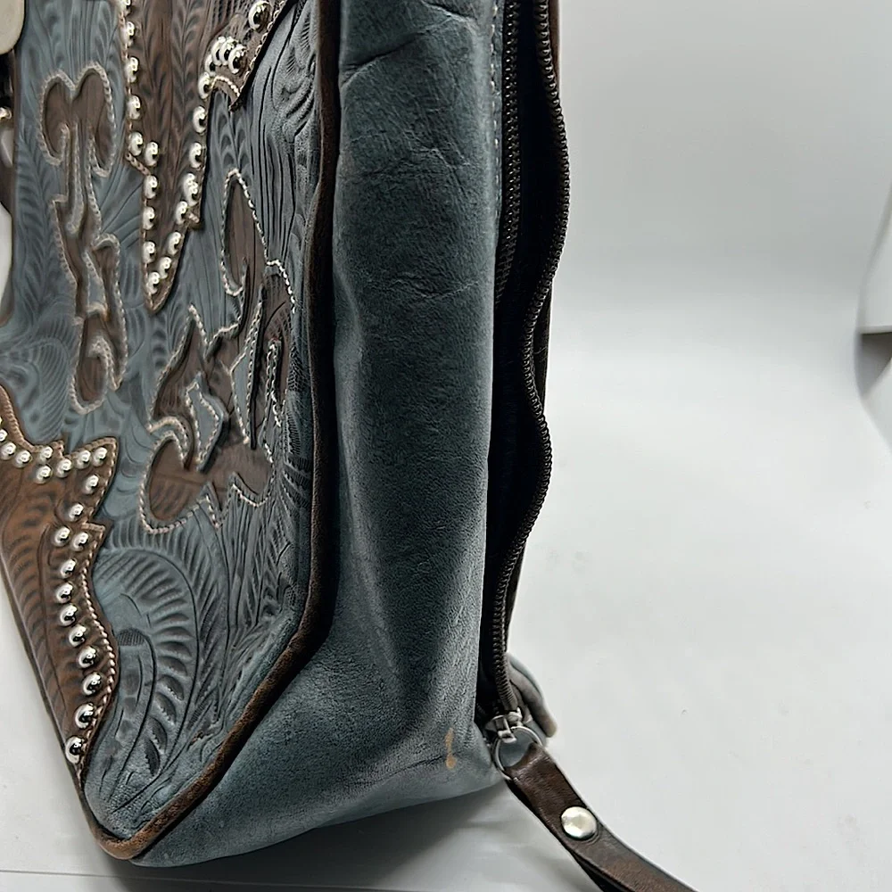 American West Gorgeous Light Blue/Brown Floral Leather Shoulder Bag Purse 🌸🌸 - Picture 5 of 14